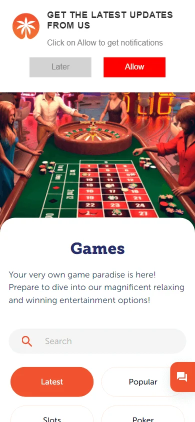 Rich Palms Casino games screen on a mobile device