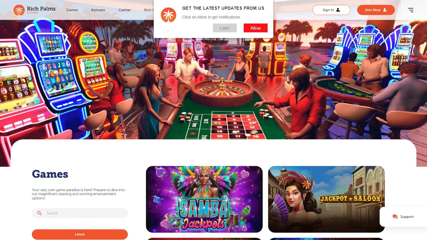 Rich Palms Casino games screen on desktop