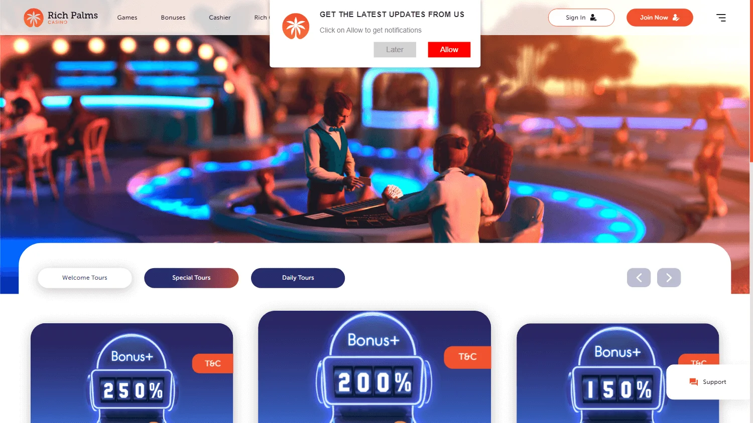 Rich Palms Casino promotions screen on desktop