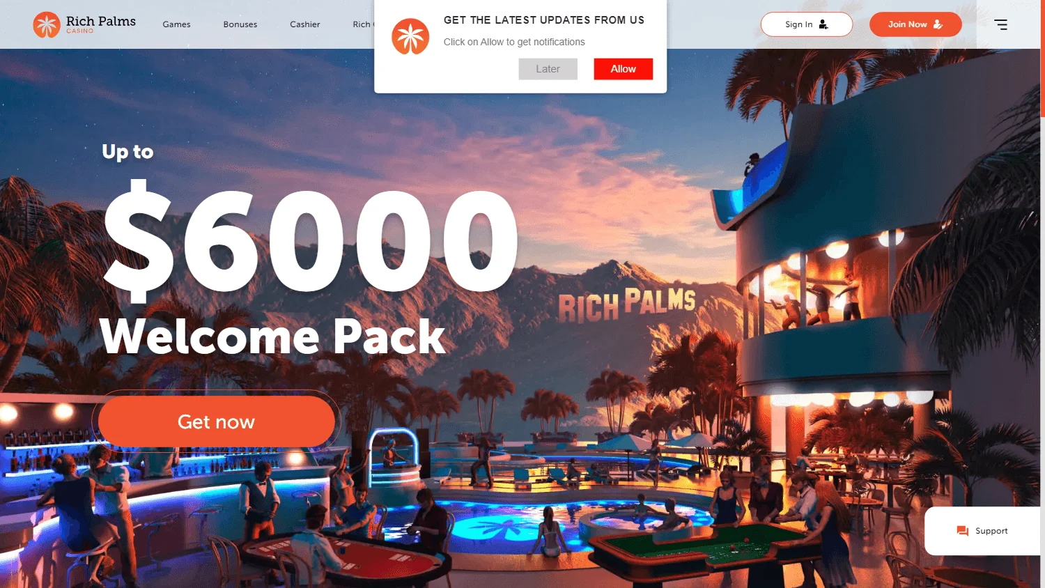 Rich Palms Casino home screen on desktop